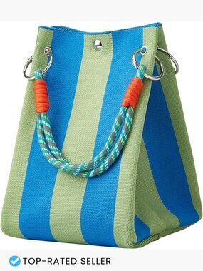 Striped Crochet Bucket Tote Handbag Small Knit Purse Shoulder Beach Bag Travel